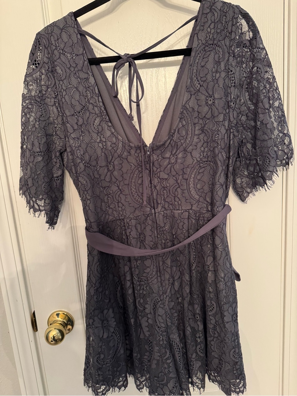 Gray Lace V-Neck Short Sleeve Romper
